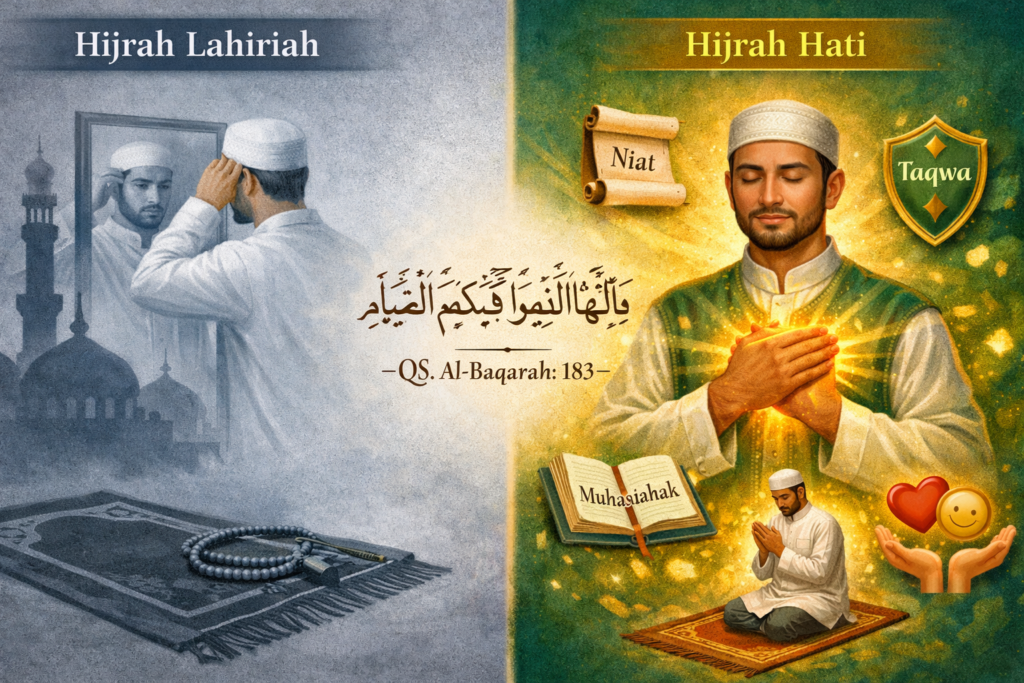 Perbandingan hijrah lahiriah versus hijrah hati dalam Islam: transformasi 
sejati bukan sekadar penampilan namun perubahan niat, sikap, dan perilaku 
menuju takwa sesuai tujuan puasa QS Al-Baqarah ayat 183