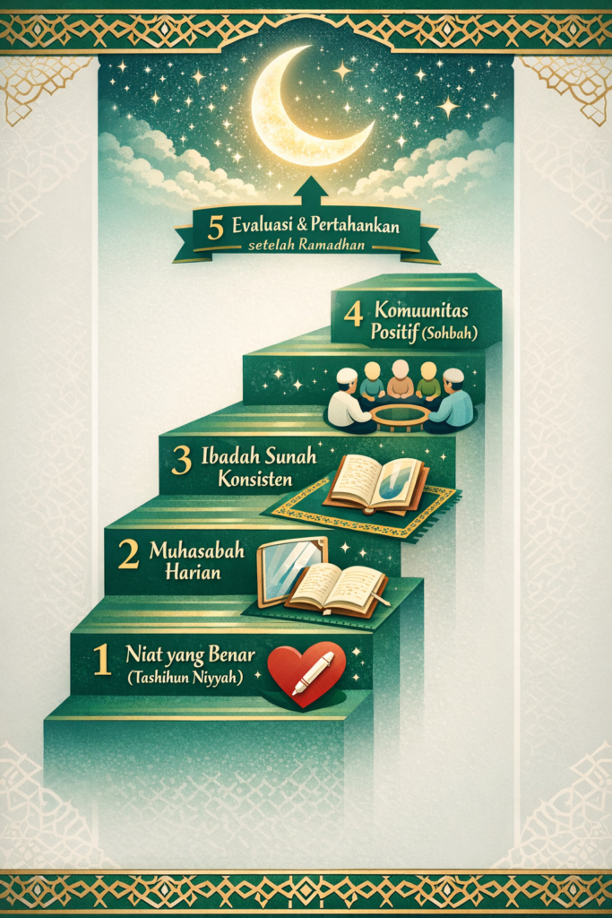 Infografis lima langkah hijrah hati Ramadhan 2026: niat tertulis, muhasabah 
harian, ibadah sunah konsisten, komunitas sohbah positif, dan evaluasi 
pasca-Ramadhan untuk perubahan diri Islami berkelanjutan