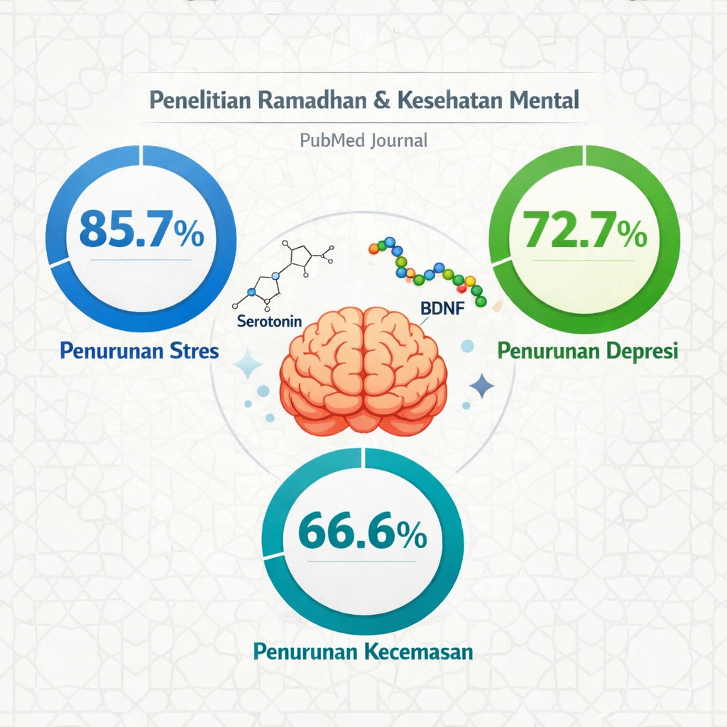 Visualisasi data PubMed Journal 2026 menunjukkan puasa Ramadhan menurunkan 
stres 85,7 persen, depresi 72,7 persen, dan kecemasan 66,6 persen sebagai 
bukti ilmiah manfaat hijrah hati untuk kesehatan mental Muslim